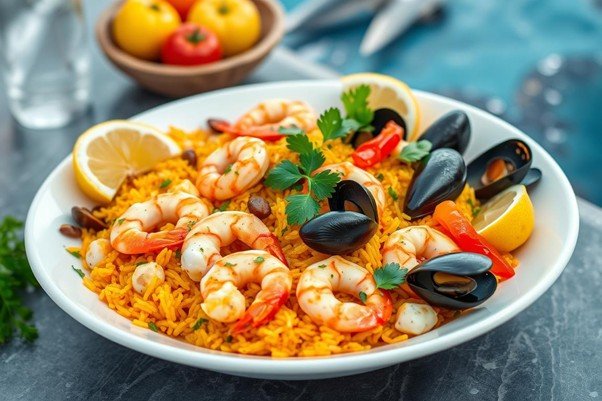 One-Pan Seafood Paella dish picture served in white plate