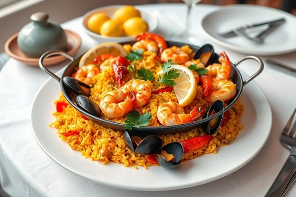 A beautifully arranged one-pan seafood paella on a pristine white plate